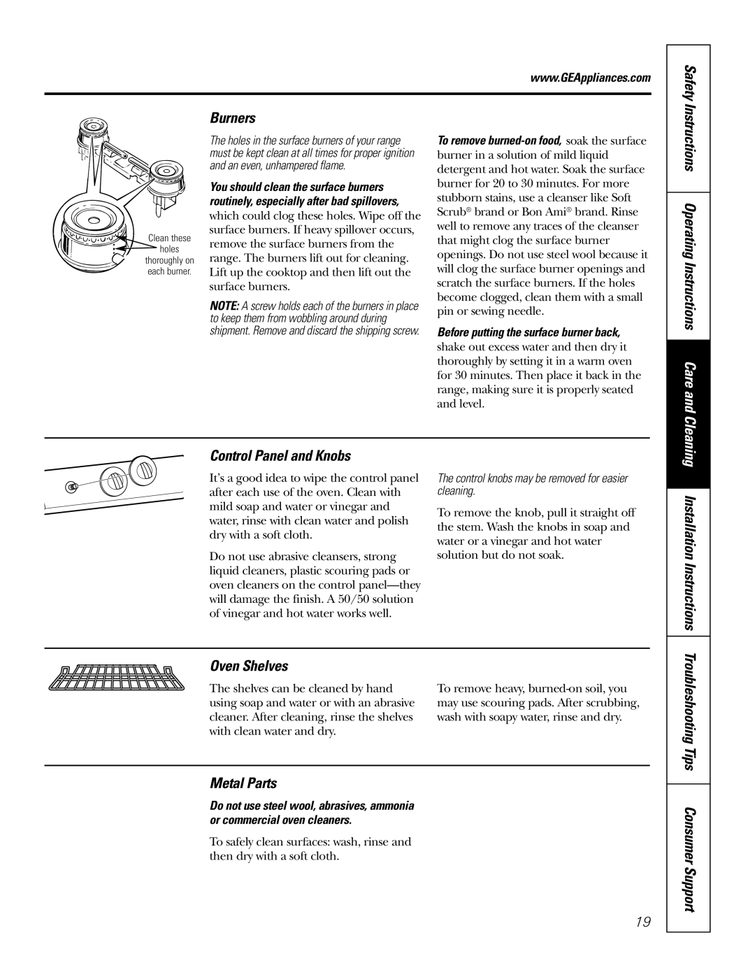 GE RGA624, RGA620 Burners, Control Panel and Knobs, Metal Parts, Control knobs may be removed for easier cleaning 