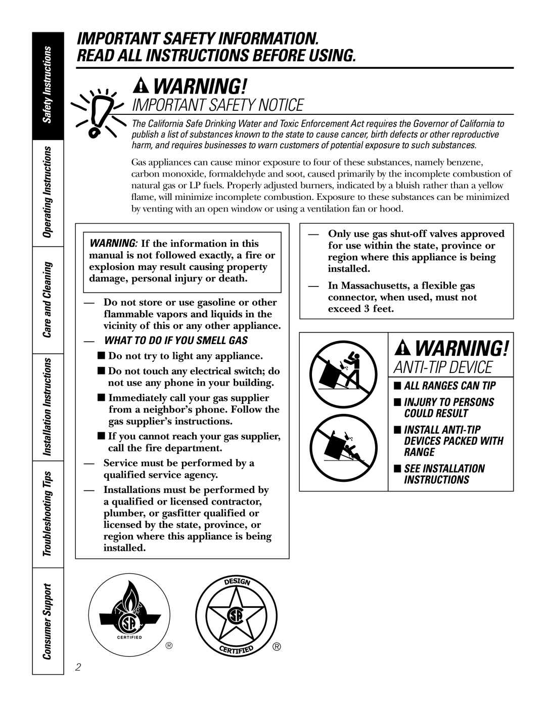 GE RGA620, RGA624 owner manual Important Safety Notice, ANTI-TIP Device, Operating Instructions Safety Instructions 