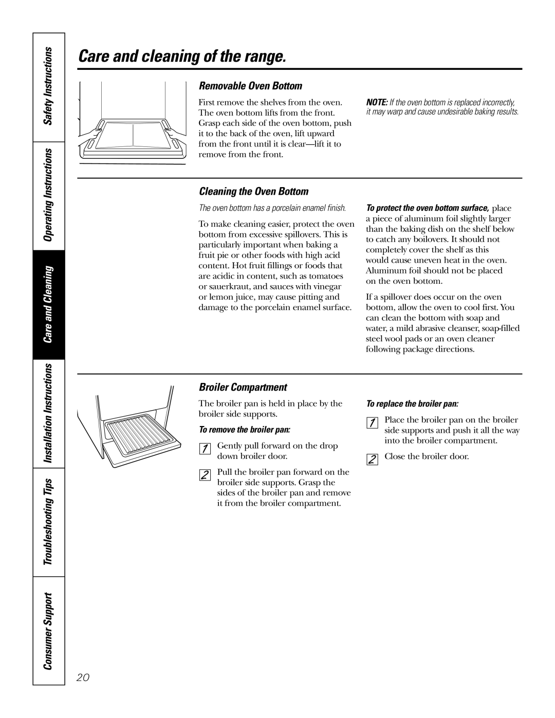 GE RGA620, RGA624 owner manual Instructions Safety Removable Oven Bottom, Cleaning the Oven Bottom, Broiler Compartment 