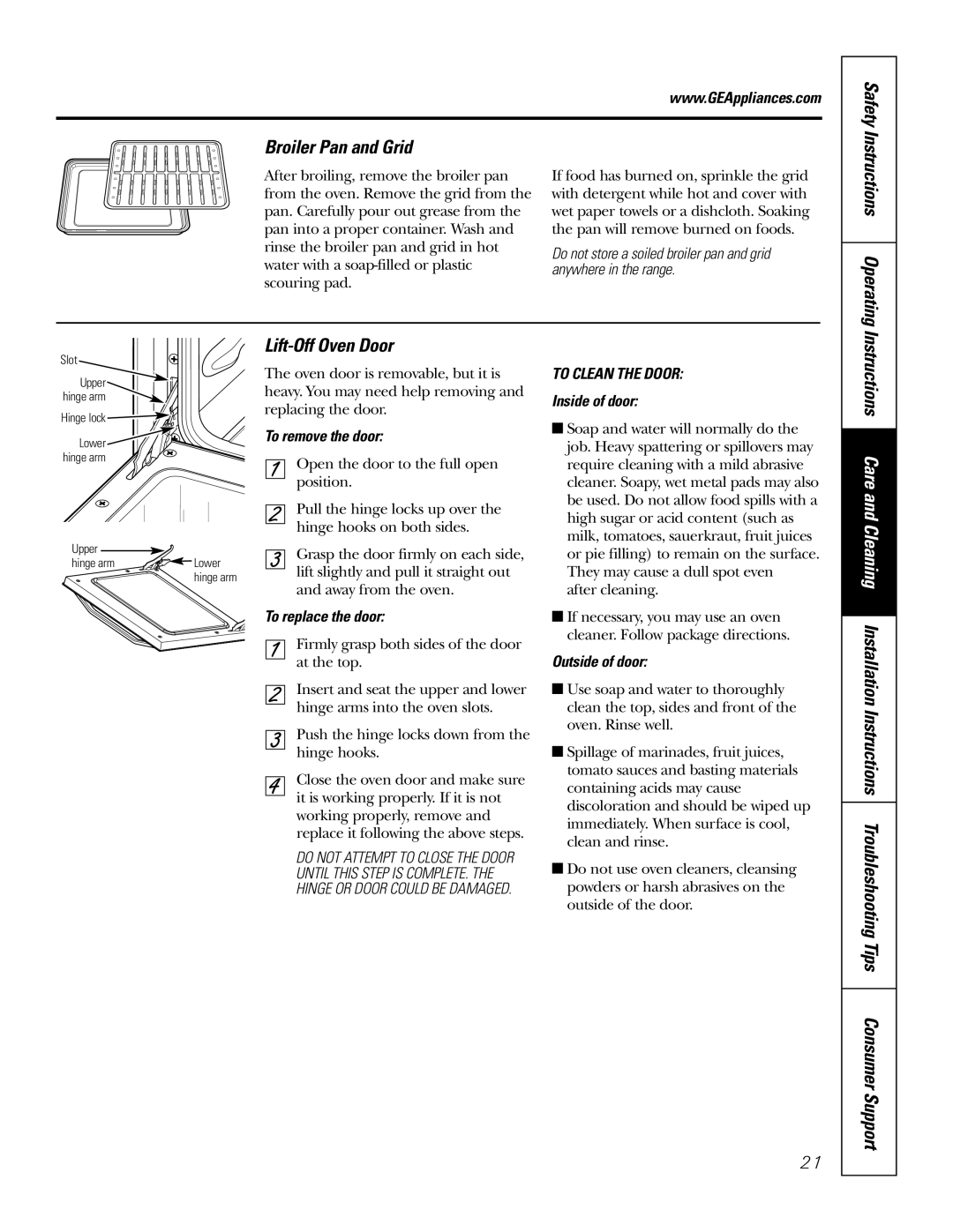 GE RGA624, RGA620 owner manual Broiler Pan and Grid Safety, Lift-Off Oven Door 