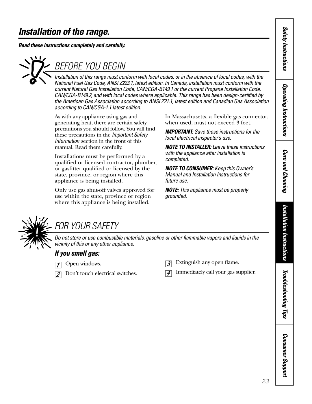 GE RGA624, RGA620 owner manual Installation of the range, Before YOU Begin, For Your Safety, Safety Instructions Operating 