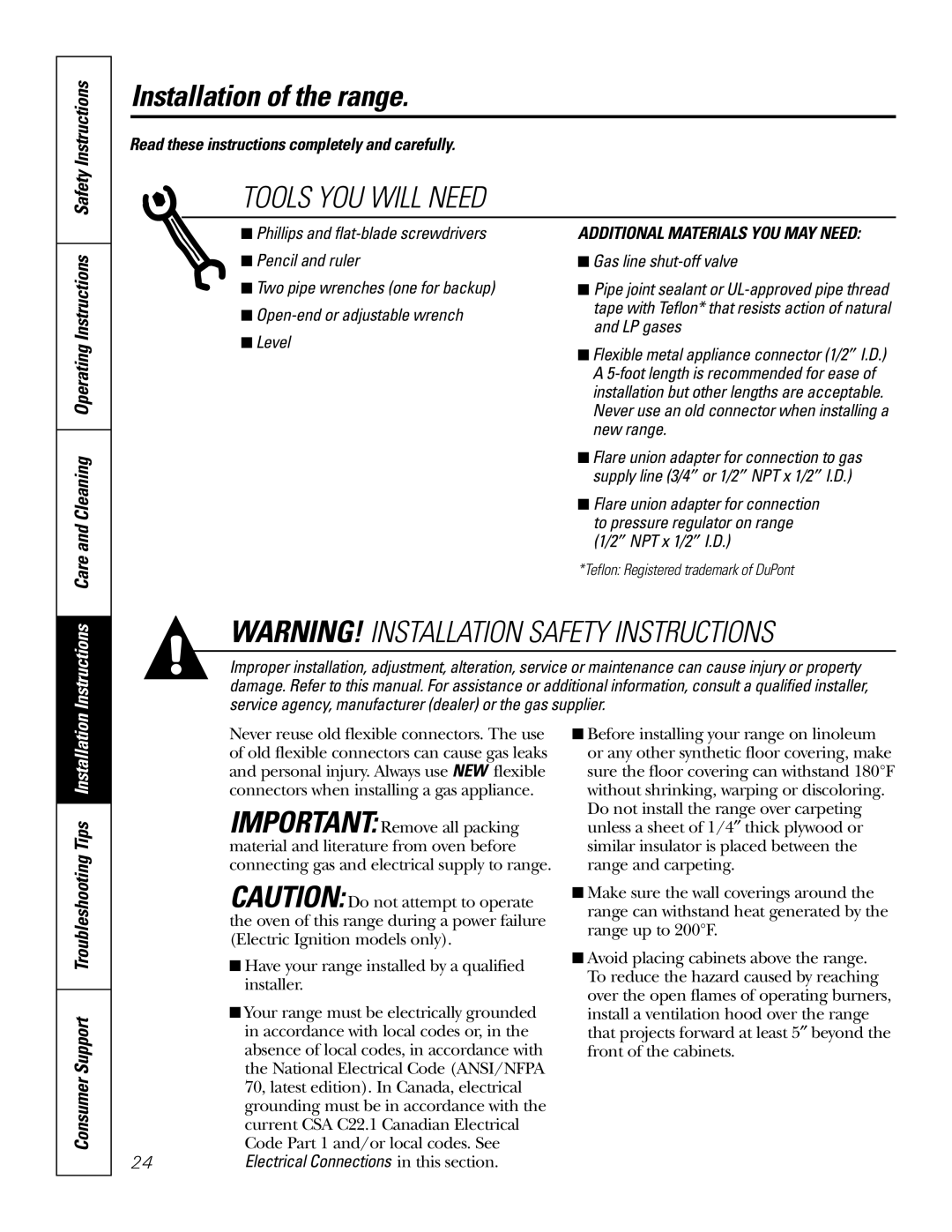 GE RGA620, RGA624 owner manual Tools YOU will Need, Care and Cleaning Operating Instructions 