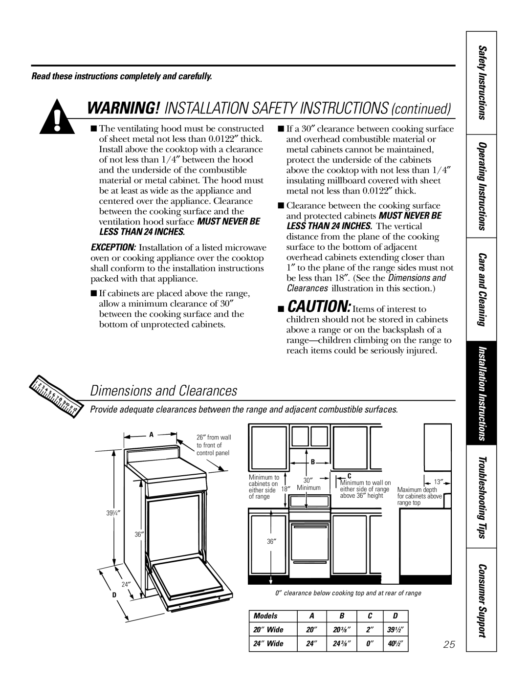 GE RGA624, RGA620 owner manual Dimensions and Clearances, Safety Instructions, Troubleshooting Tips Consumer 