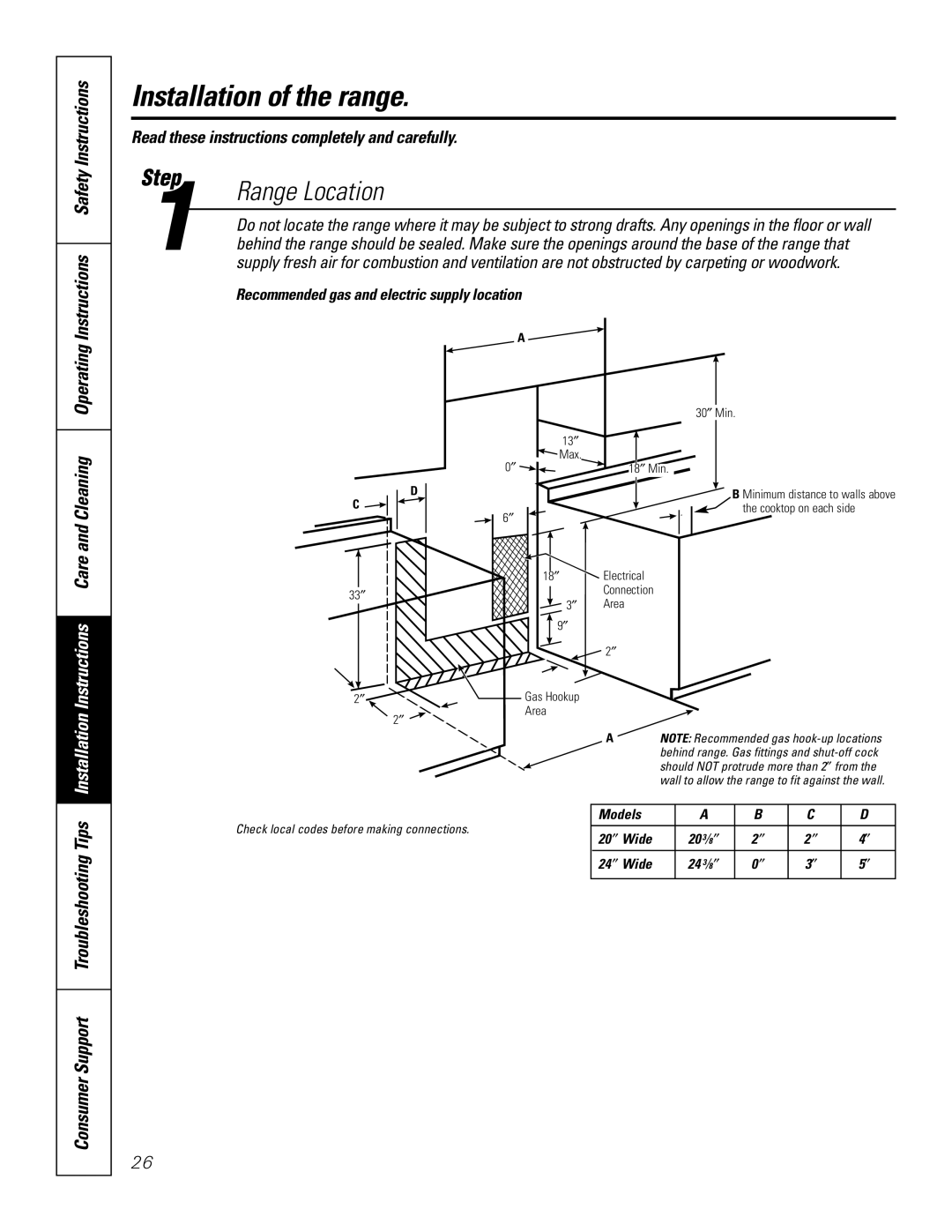 GE RGA620, RGA624 owner manual Range Location, Recommended gas and electric supply location 