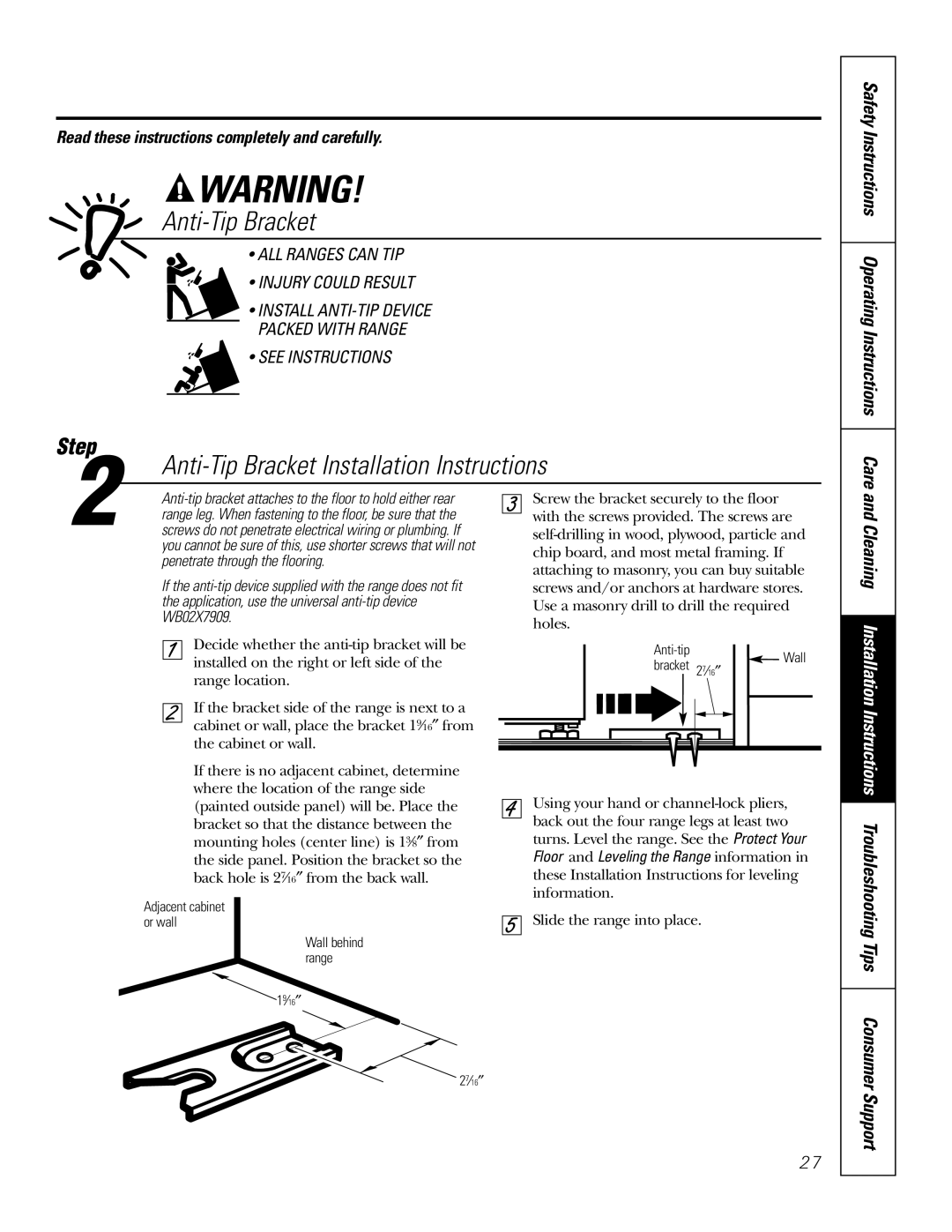 GE RGA624, RGA620 owner manual Anti-Tip Bracket Installation Instructions, Support 