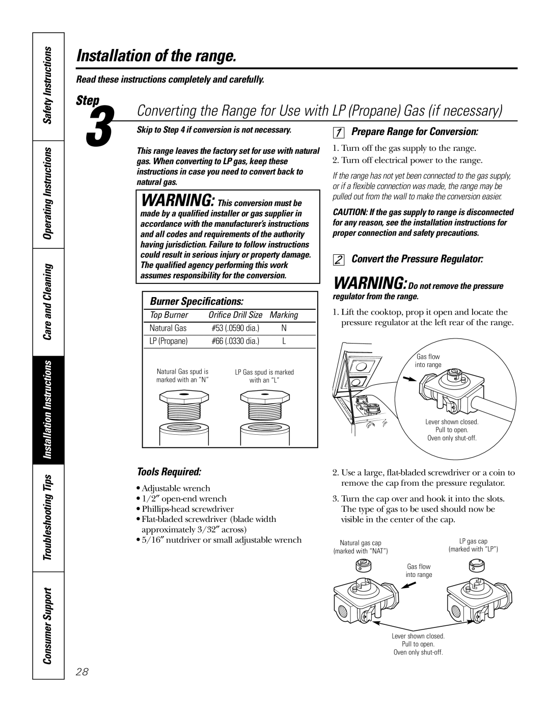 GE RGA620 Burner Specifications, Prepare Range for Conversion, Convert the Pressure Regulator, Tools Required, Top Burner 