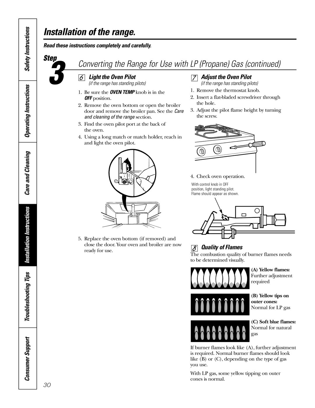 GE RGA620, RGA624 owner manual Adjust the Oven Pilot, Quality of Flames, If the range has standing pilots 