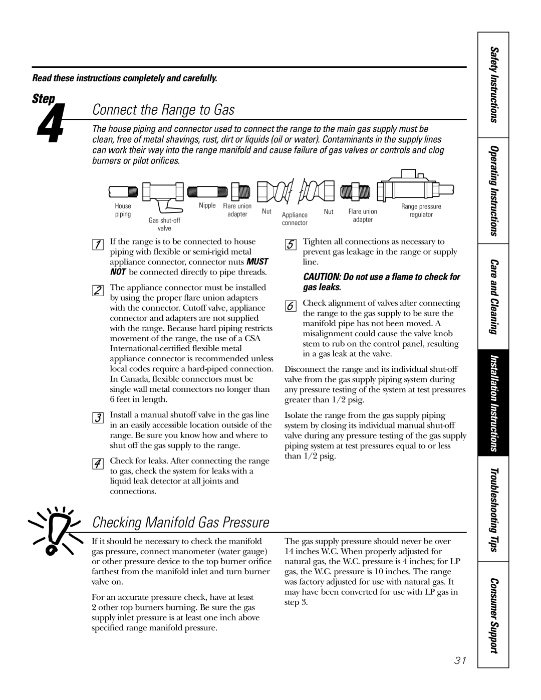 GE RGA624, RGA620 owner manual Connect the Range to Gas, Checking Manifold Gas Pressure, Tips Consumer Support 