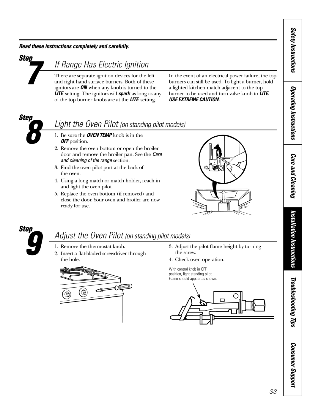 GE RGA624, RGA620 owner manual If Range Has Electric Ignition, Light the Oven Pilot on standing pilot models 