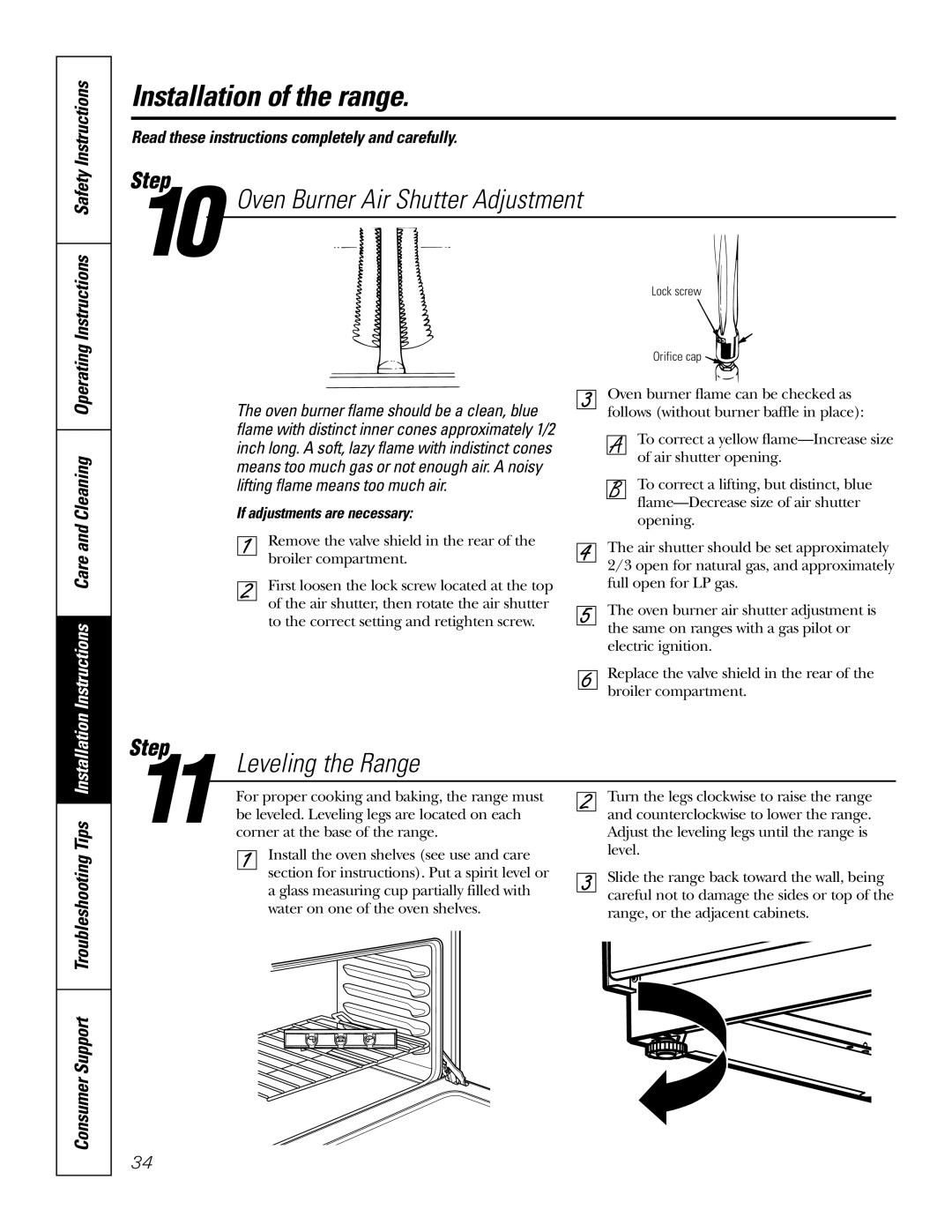 GE RGA620, RGA624 owner manual Oven Burner Air Shutter Adjustment, Leveling the Range, If adjustments are necessary 