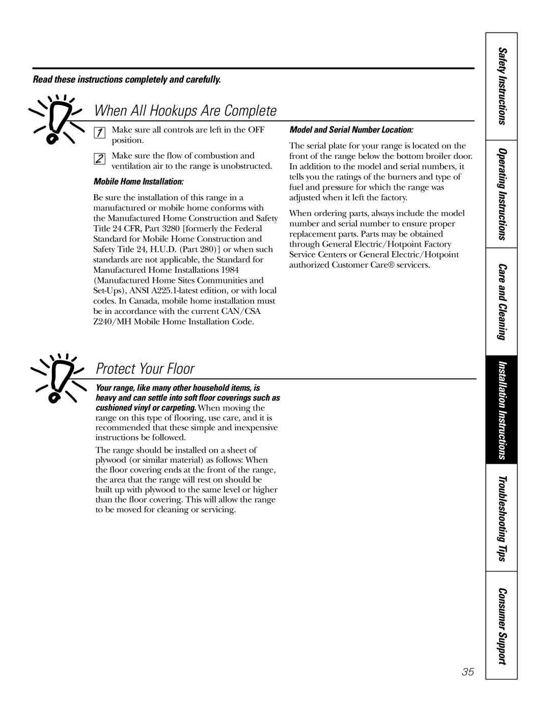 GE RGA624, RGA620 owner manual When All Hookups Are Complete, Protect Your Floor, Operating Instructions Care and Cleaning 