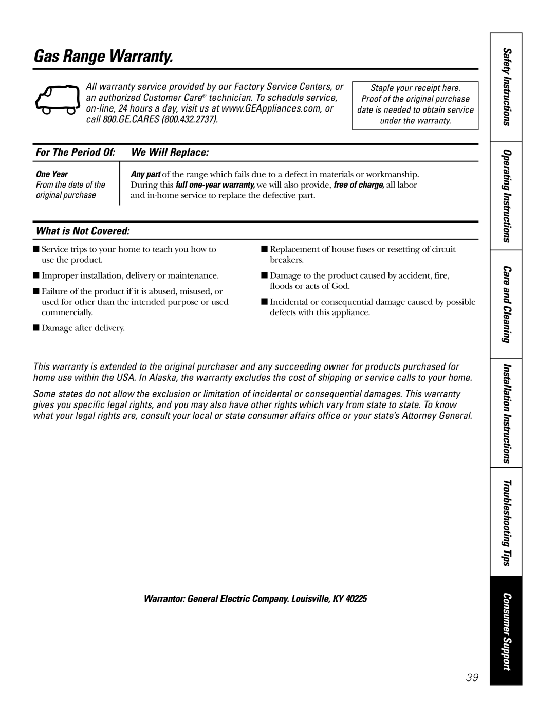 GE RGA624, RGA620 owner manual Gas Range Warranty, We Will Replace, What is Not Covered, One Year 