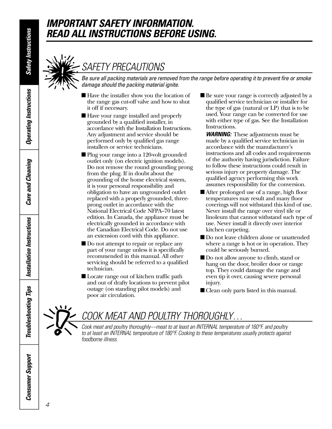 GE RGA620, RGA624 owner manual Safety Precautions, Cook Meat and Poultry THOROUGHLY… 