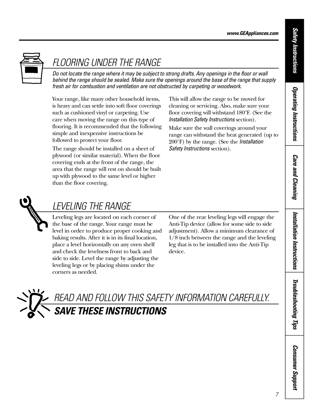 GE RGA624 Flooring Under the Range, Leveling the Range, Installation Instructions, Troubleshooting Tips Consumer Support 