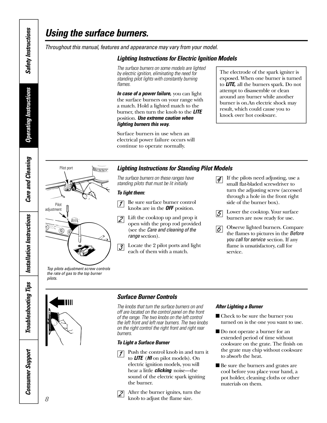 GE RGA620, RGA624 owner manual Using the surface burners, Lighting Instructions for Electric Ignition Models, Cleaning 