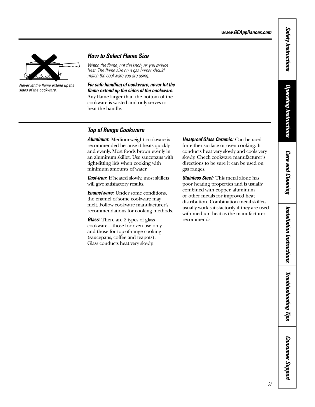 GE RGA624, RGA620 owner manual Safety, How to Select Flame Size, Top of Range Cookware 