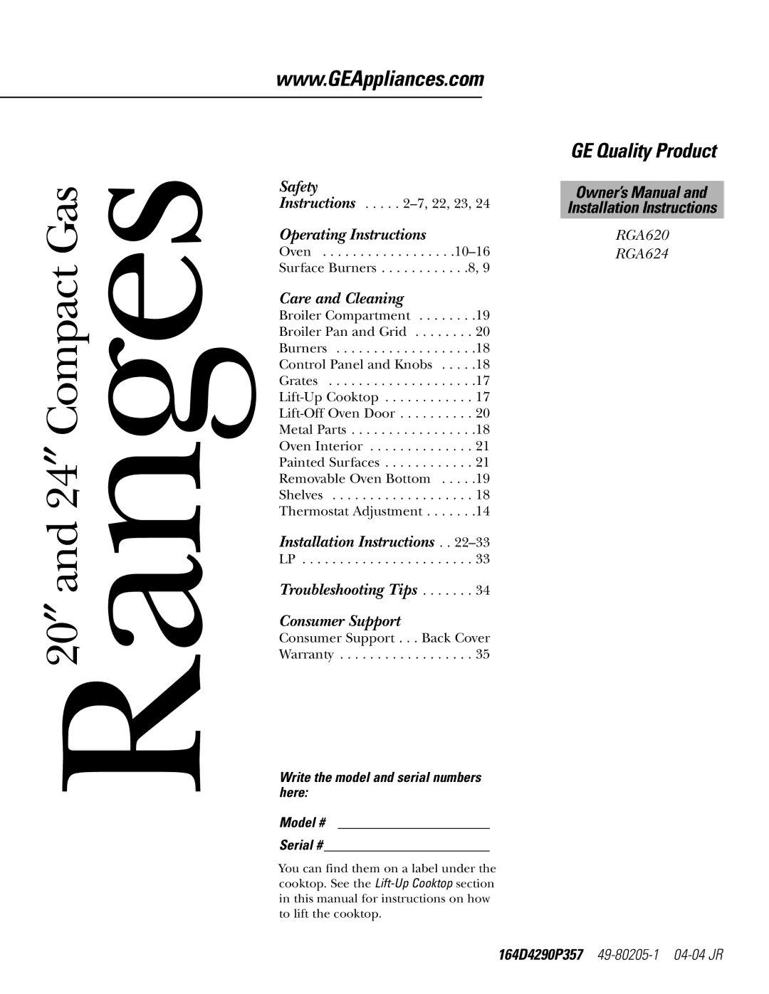 GE RGA624, RGA620 owner manual 20″ and 24″ Compact Gas Ranges, Write the model and serial numbers here Model # Serial # 