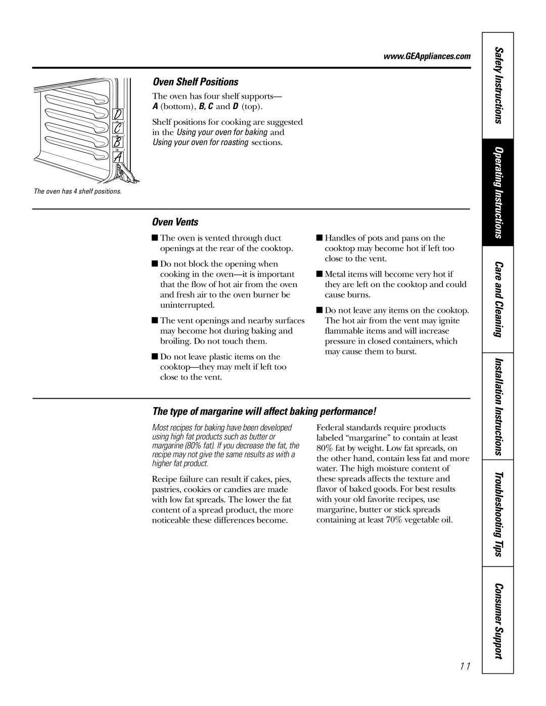 GE RGA624, RGA620 owner manual Oven Shelf Positions, Oven Vents, Type of margarine will affect baking performance 