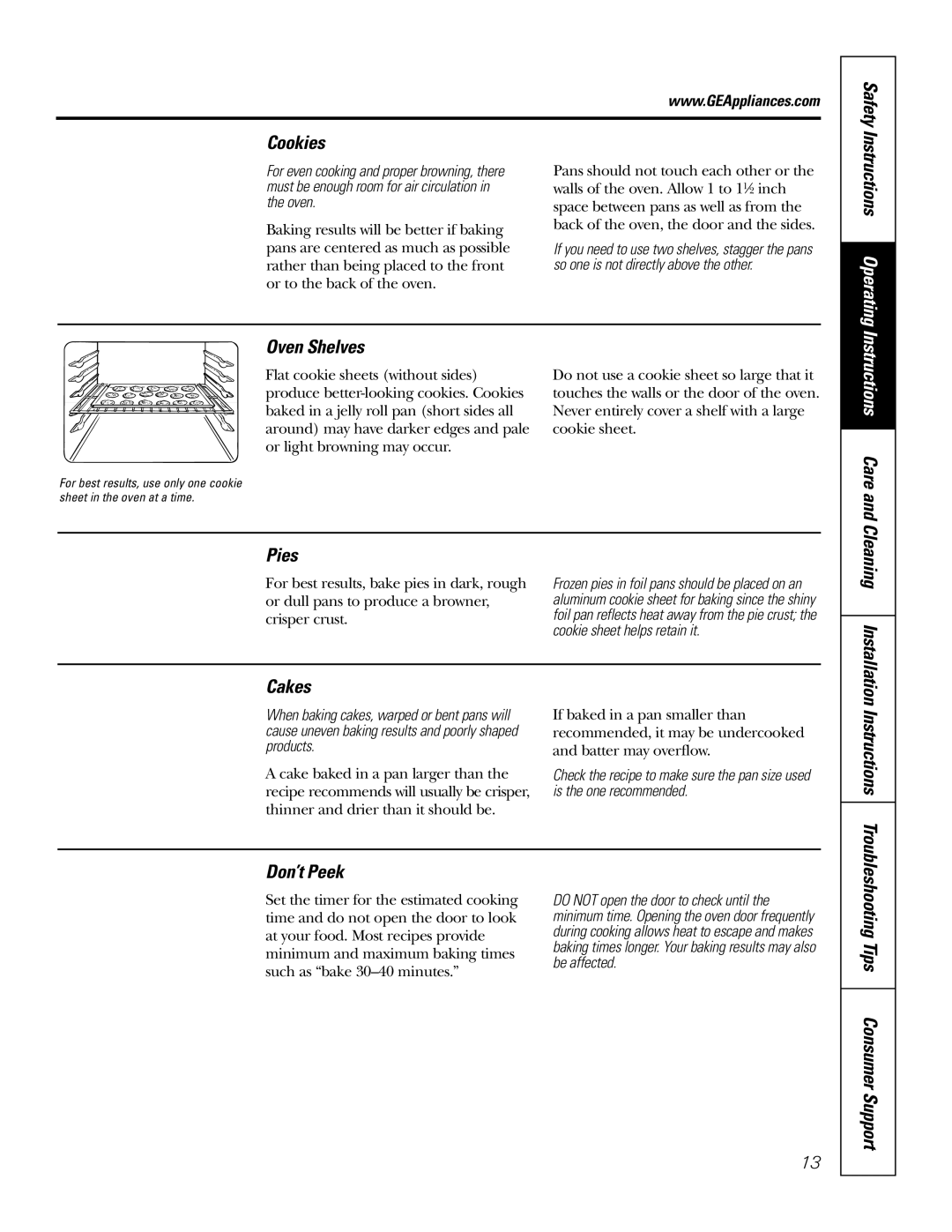 GE RGA624, RGA620 owner manual Cookies Safety, Instructions Care, Pies, Cakes, Instructions Don’t Peek 