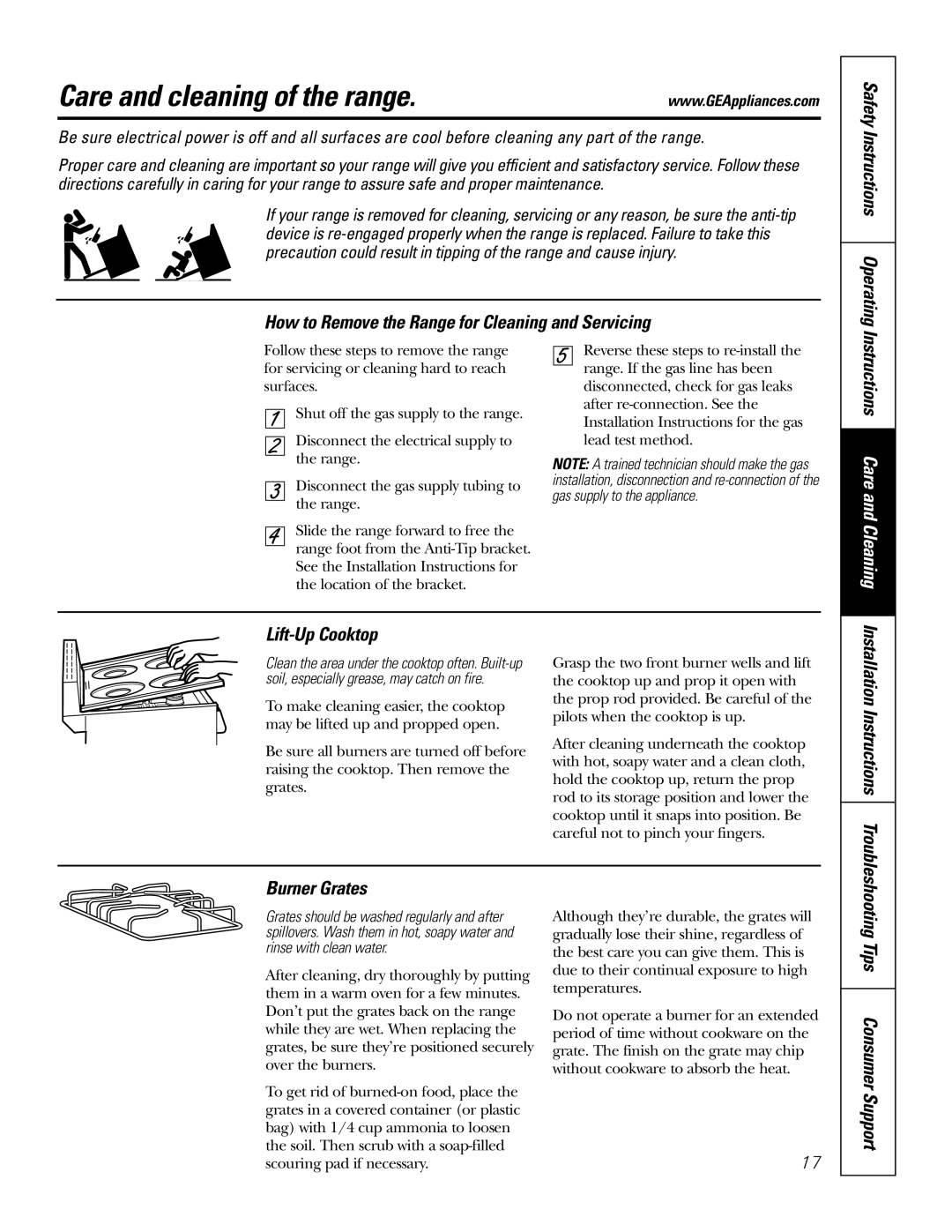 GE RGA624, RGA620 Care and cleaning of the range, Instructions Care and Cleaning, Lift-Up Cooktop, Burner Grates 