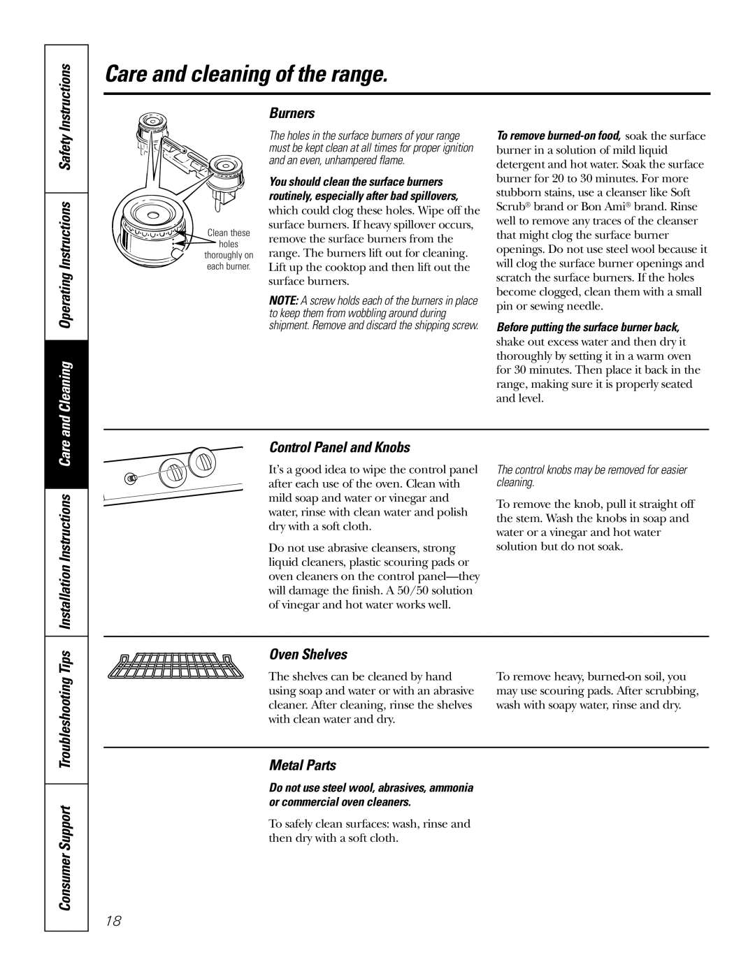 GE RGA620, RGA624 owner manual Cleaning Operating Instructions Safety, Burners, Control Panel and Knobs, Metal Parts 