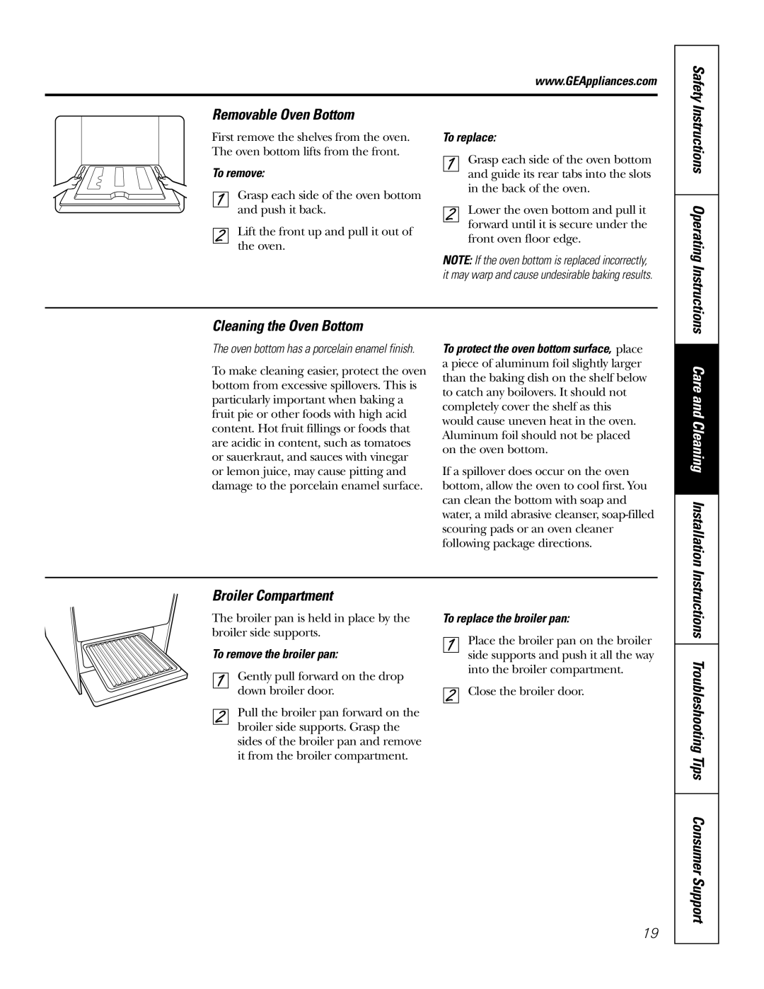 GE RGA624, RGA620 Removable Oven Bottom, Cleaning the Oven Bottom, Care and Cleaning Installation, Broiler Compartment 