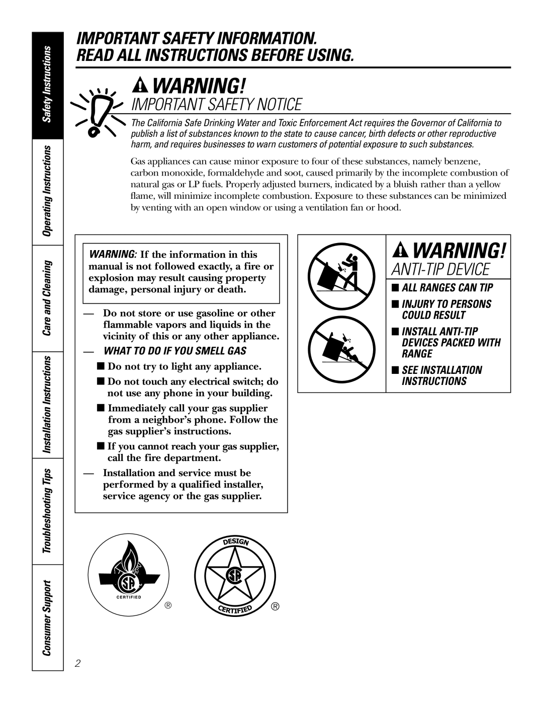 GE RGA620, RGA624 Important Safety Notice, ANTI-TIP Device, Operating Instructions Safety Instructions, Consumer 