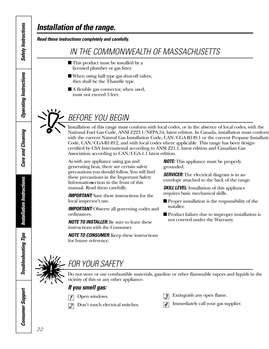 GE RGA620, RGA624 owner manual Installation of the range, Commonwealth of Massachusetts, Before YOU Begin, For Your Safety 