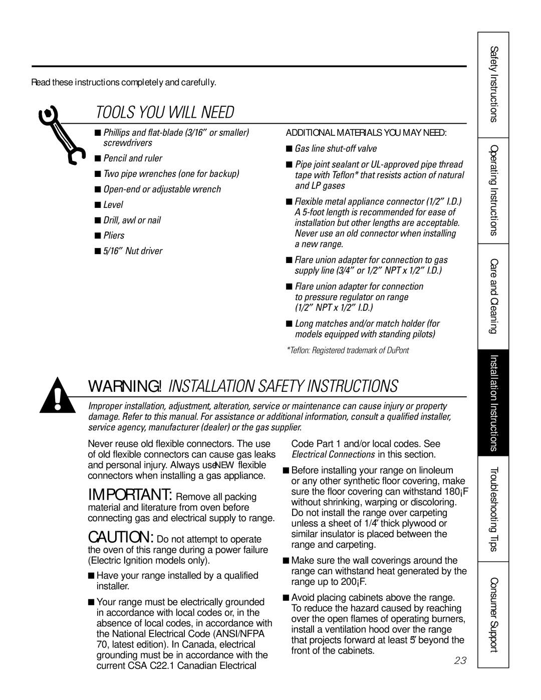 GE RGA624, RGA620 owner manual Tools YOU will Need, Operating Instructions Care and Cleaning, Safety Instructions 