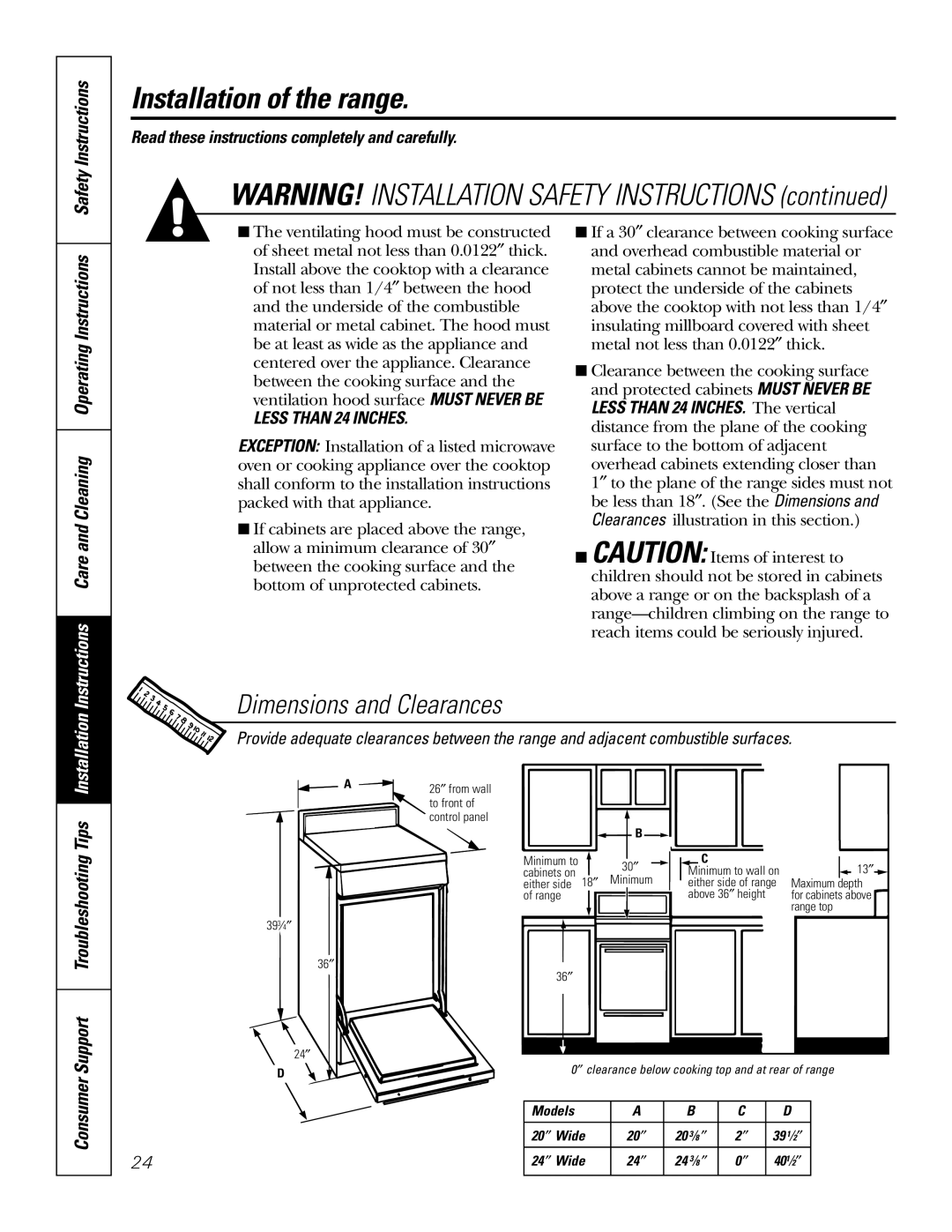 GE RGA620, RGA624 owner manual Dimensions and Clearances, Safety Instructions, Installation, Support Troubleshooting Tips 