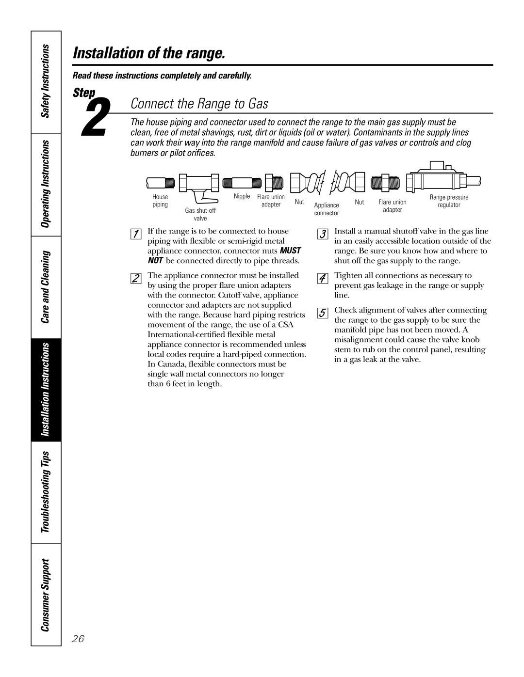 GE RGA620, RGA624 owner manual Connect the Range to Gas, Instructions Safety Instructions 