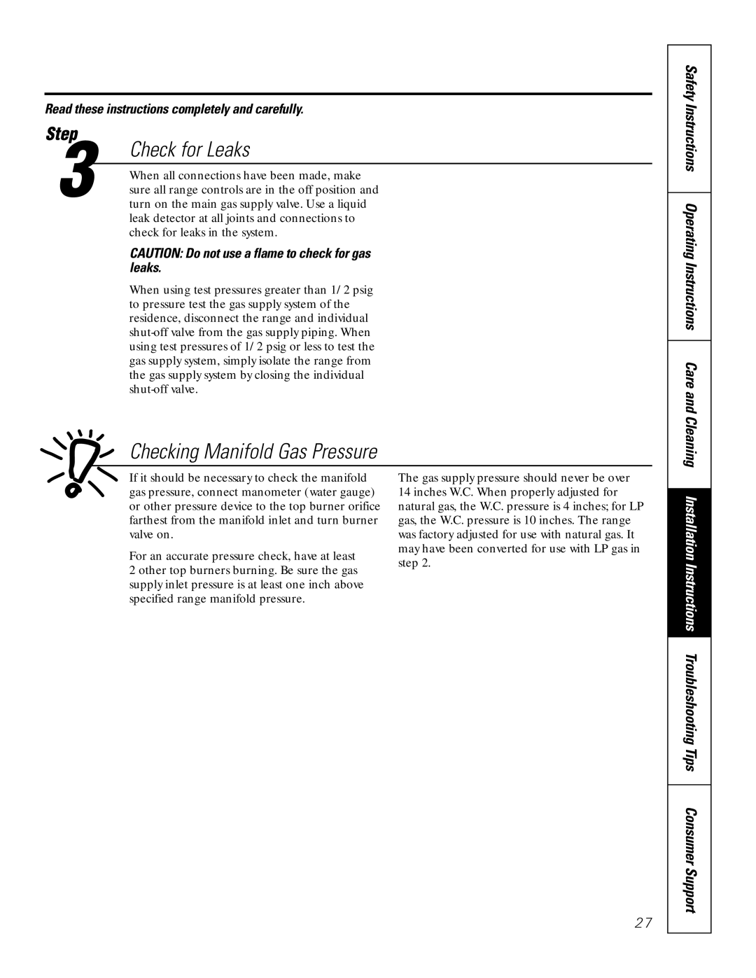 GE RGA624, RGA620 owner manual Check for Leaks, Checking Manifold Gas Pressure 