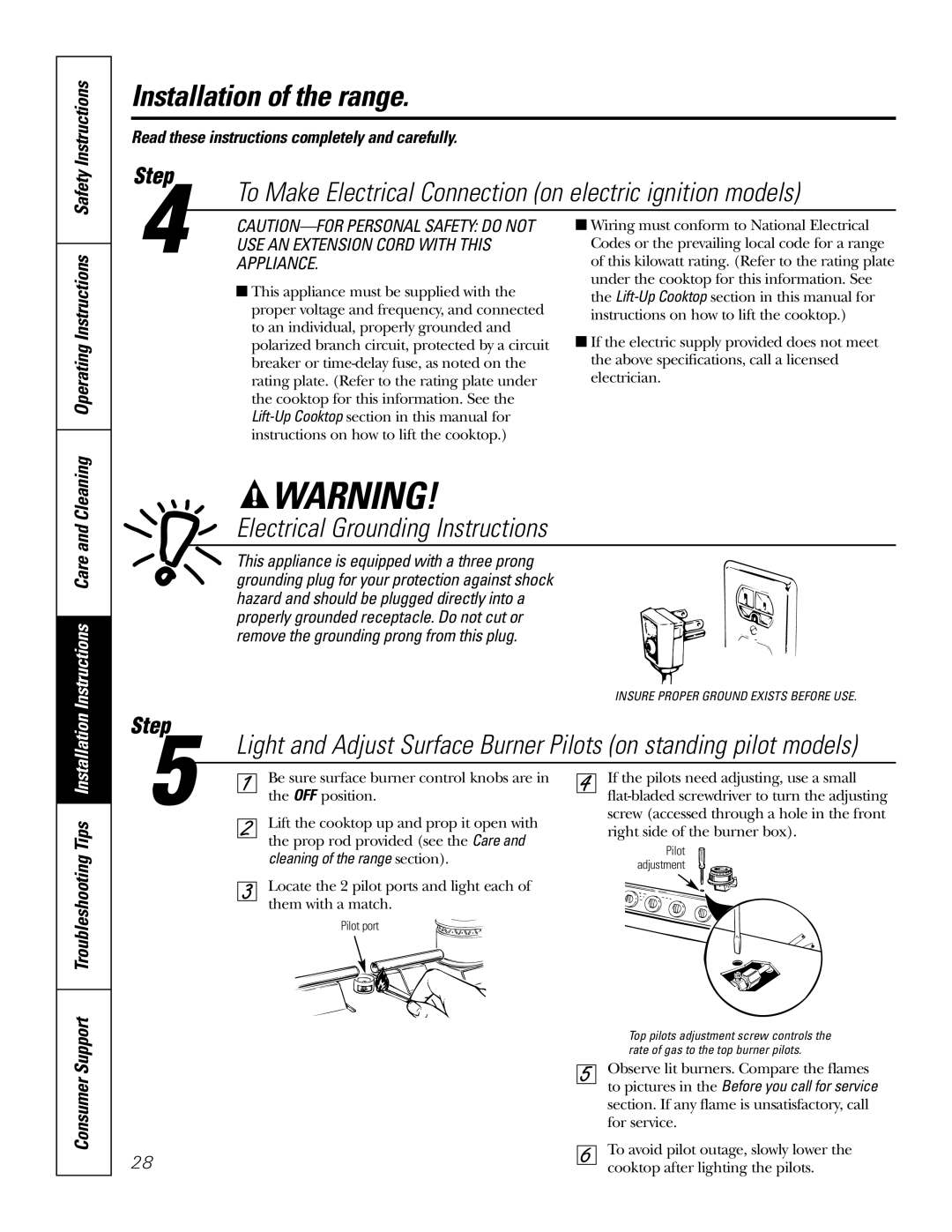 GE RGA620, RGA624 owner manual To Make Electrical Connection on electric ignition models, Electrical Grounding Instructions 