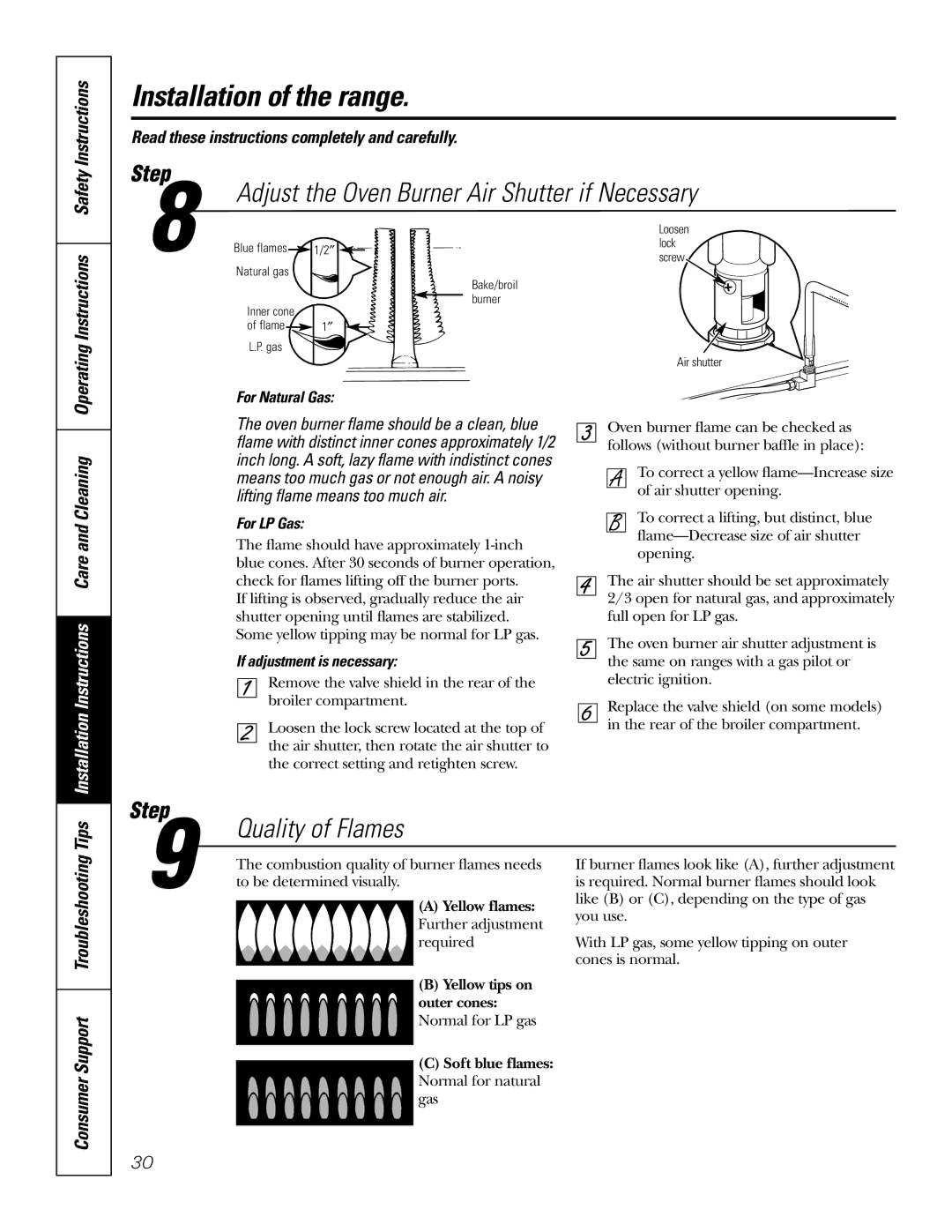 GE RGA620, RGA624 owner manual Adjust the Oven Burner Air Shutter if Necessary, Quality of Flames 