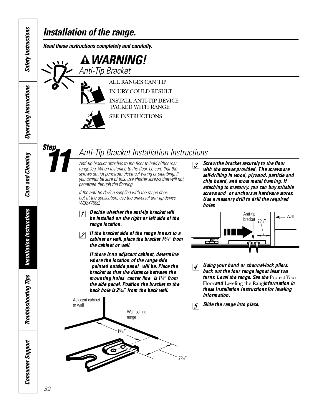 GE RGA620, RGA624 owner manual Anti-Tip Bracket Installation Instructions 