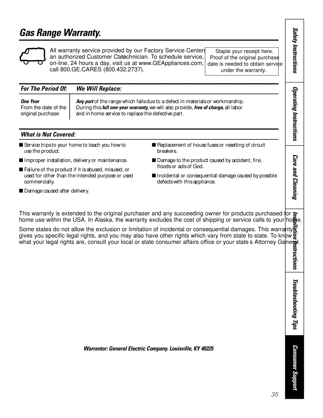 GE RGA624, RGA620 owner manual Gas Range Warranty, We Will Replace, What is Not Covered, Care and Cleaning 