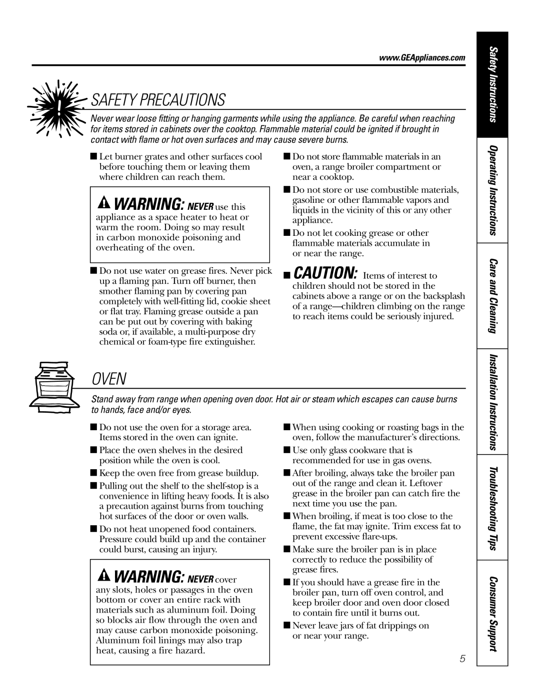 GE RGA624, RGA620 Oven, Operating Instructions Care and Cleaning, Instructions Troubleshooting Tips Consumer Support 