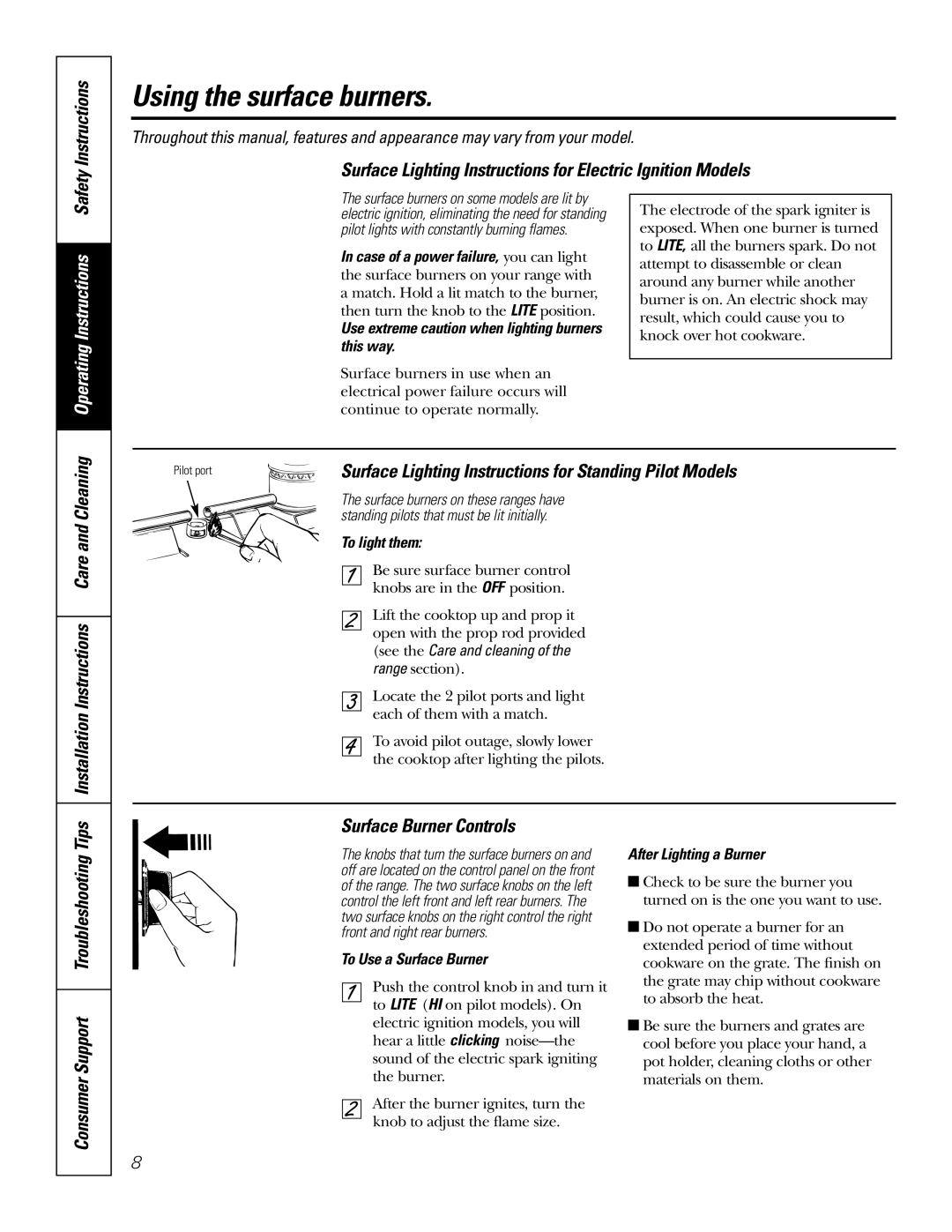 GE RGA620, RGA624 owner manual Using the surface burners, Surface Lighting Instructions for Electric Ignition Models 