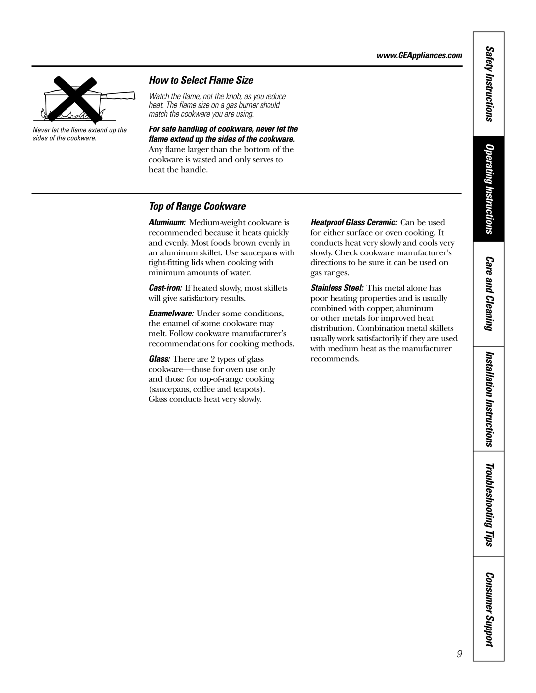 GE RGA624, RGA620 owner manual How to Select Flame Size, Instructions Operating Top of Range Cookware, Safety 