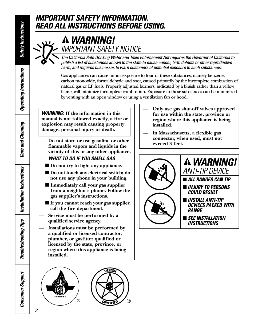 GE RGA620 Important Safety Information Read All Instructions Before Using, Important Safety Notice, Anti-Tip Device 