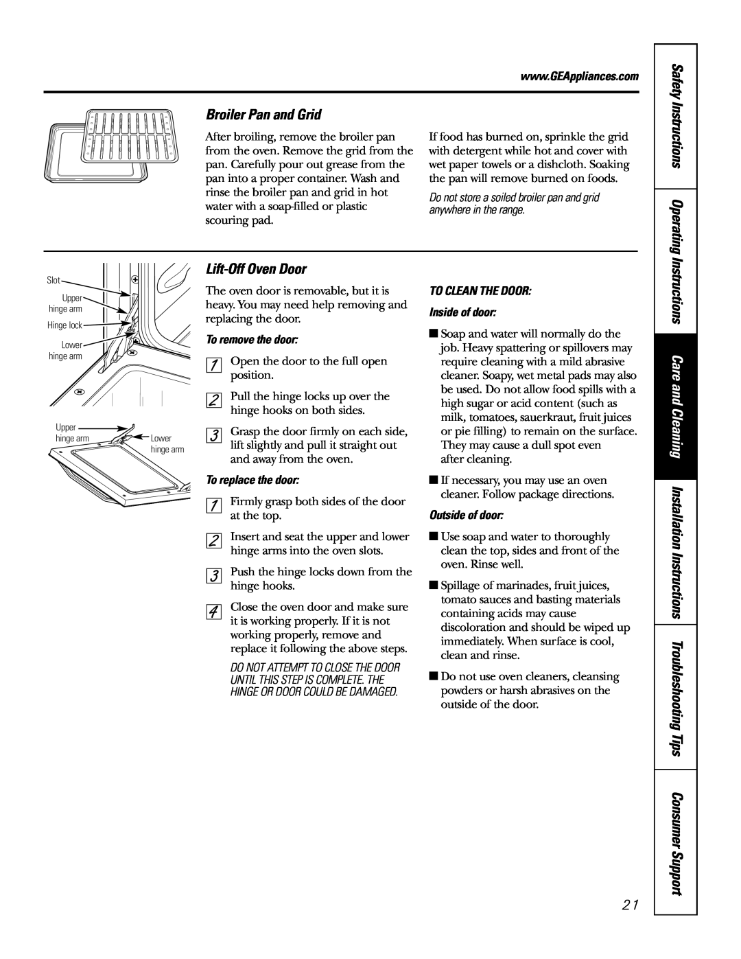 GE RGA624 Broiler Pan and Grid, Lift-Off Oven Door, Safety, Instructions Operating, To remove the door, Outside of door 