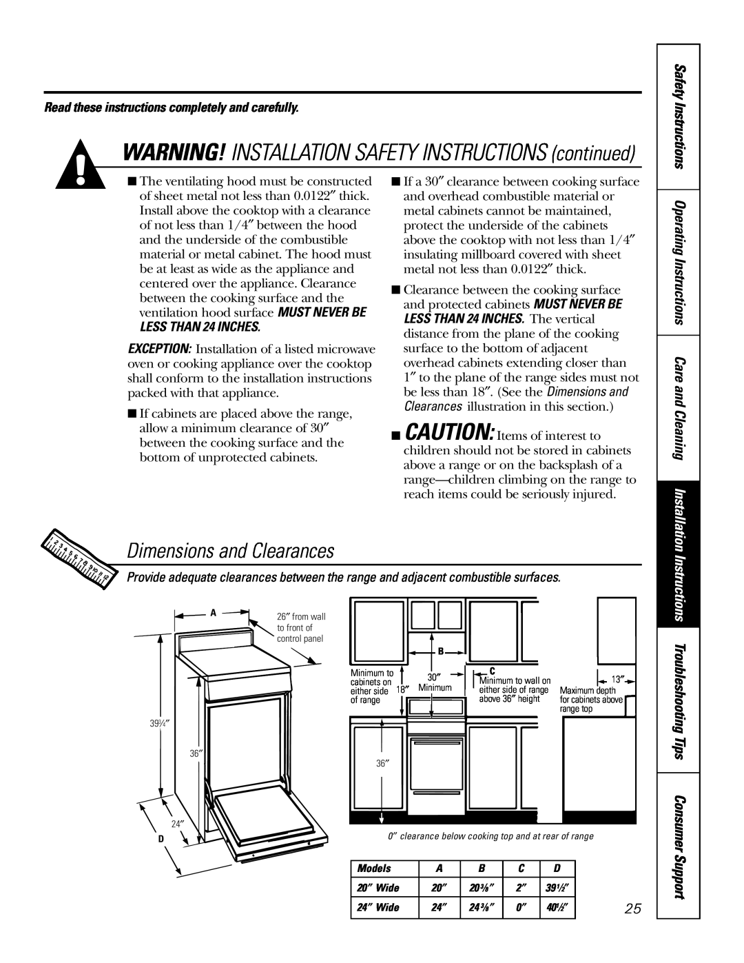 GE RGA624, RGA620 WARNING! INSTALLATION SAFETY INSTRUCTIONS continued, Dimensions and Clearances, LESS THAN 24 INCHES 