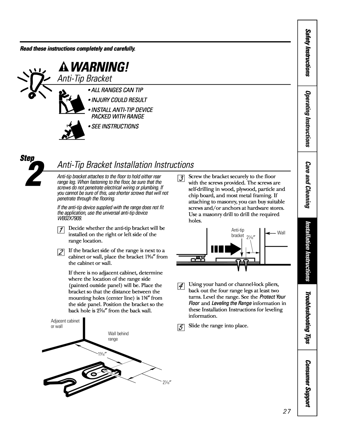 GE RGA624 Anti-Tip Bracket Installation Instructions, Support, Read these instructions completely and carefully 