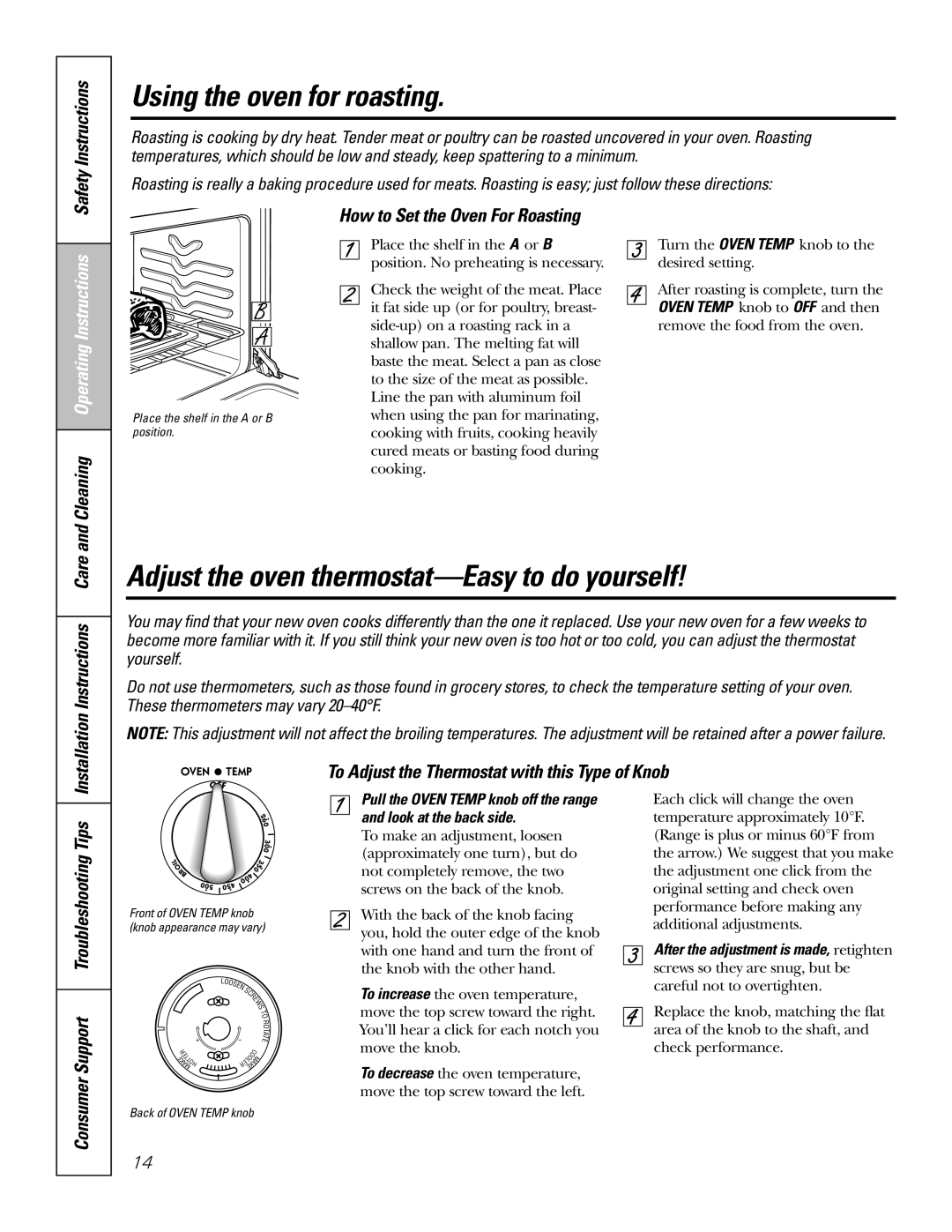 GE RGA724, RGA720 Using the oven for roasting, Adjust the oven thermostat-Easy to do yourself, Safety Instructions 