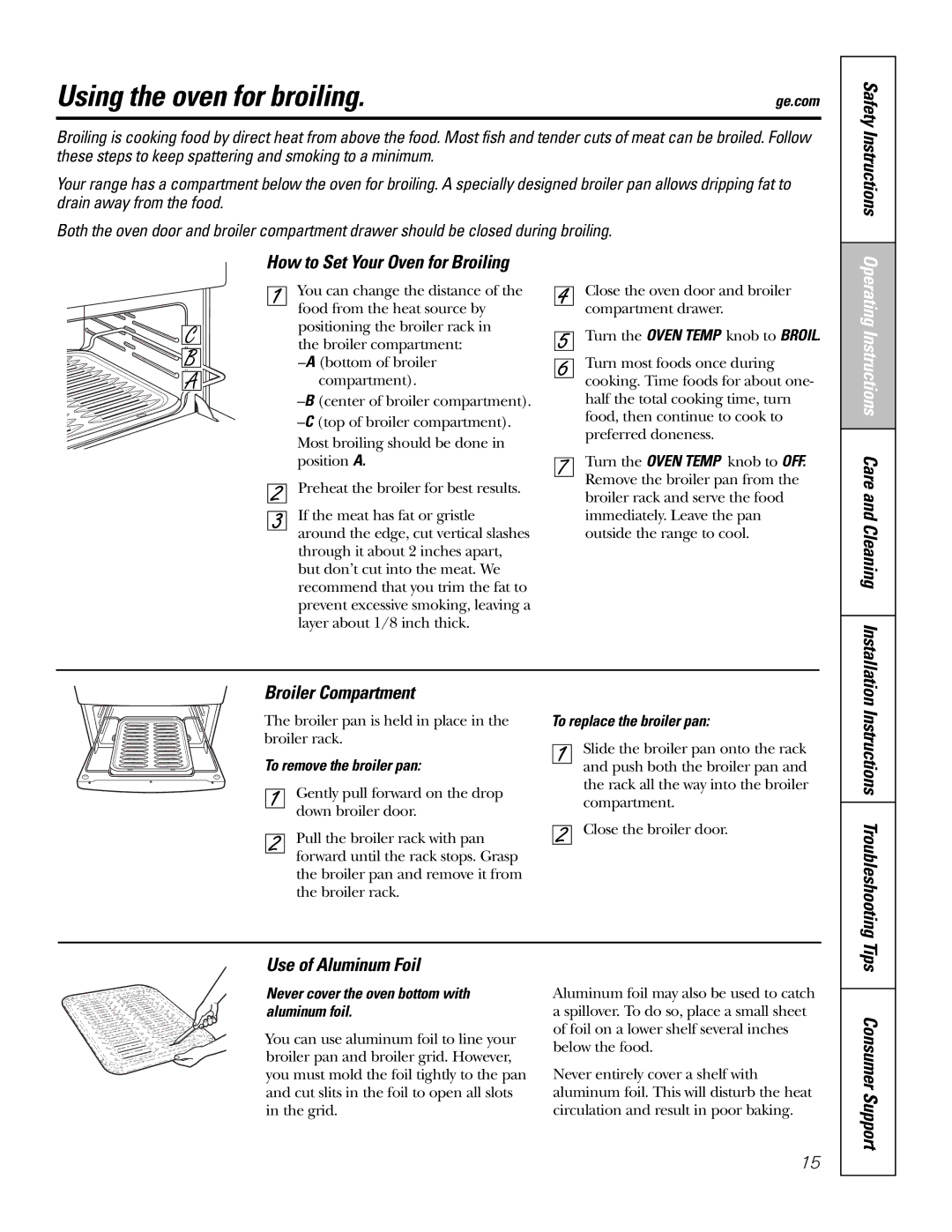 GE RGA720, RGA724 Using the oven for broiling, Safety Instructions How to Set Your Oven for Broiling, Broiler Compartment 