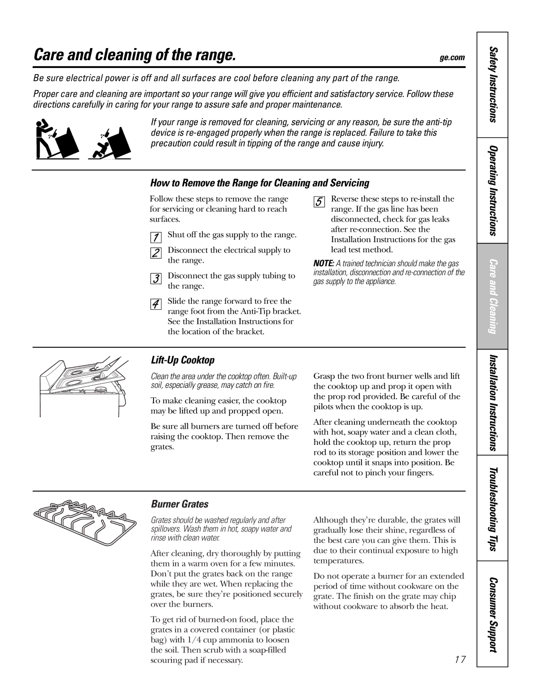 GE RGA720, RGA724 owner manual Care and cleaning of the range, Lift-Up Cooktop, Burner Grates, Tips Consumer Support 