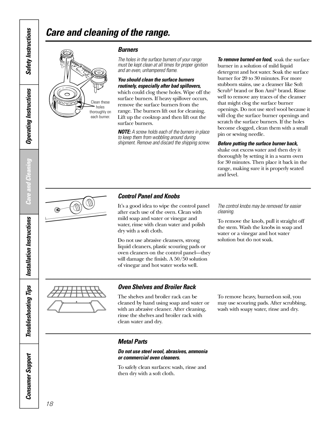 GE RGA724, RGA720 Cleaning Operating Instructions Safety, Burners, Control Panel and Knobs, Oven Shelves and Broiler Rack 