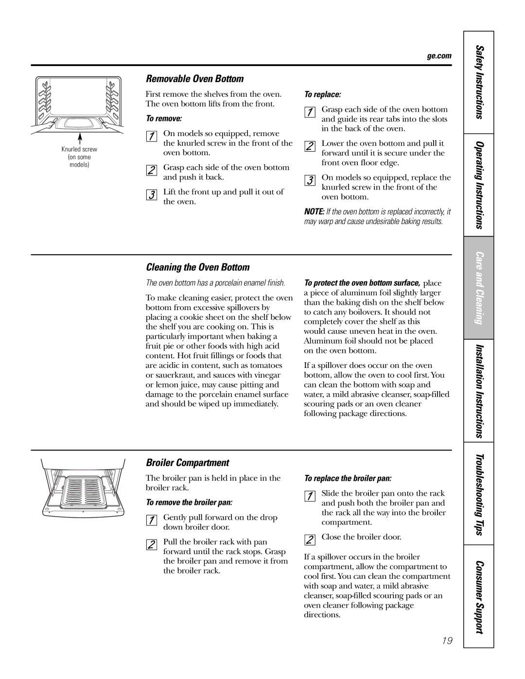 GE RGA720, RGA724 Removable Oven Bottom, Cleaning the Oven Bottom, Cleaning Installation Instructions Broiler Compartment 