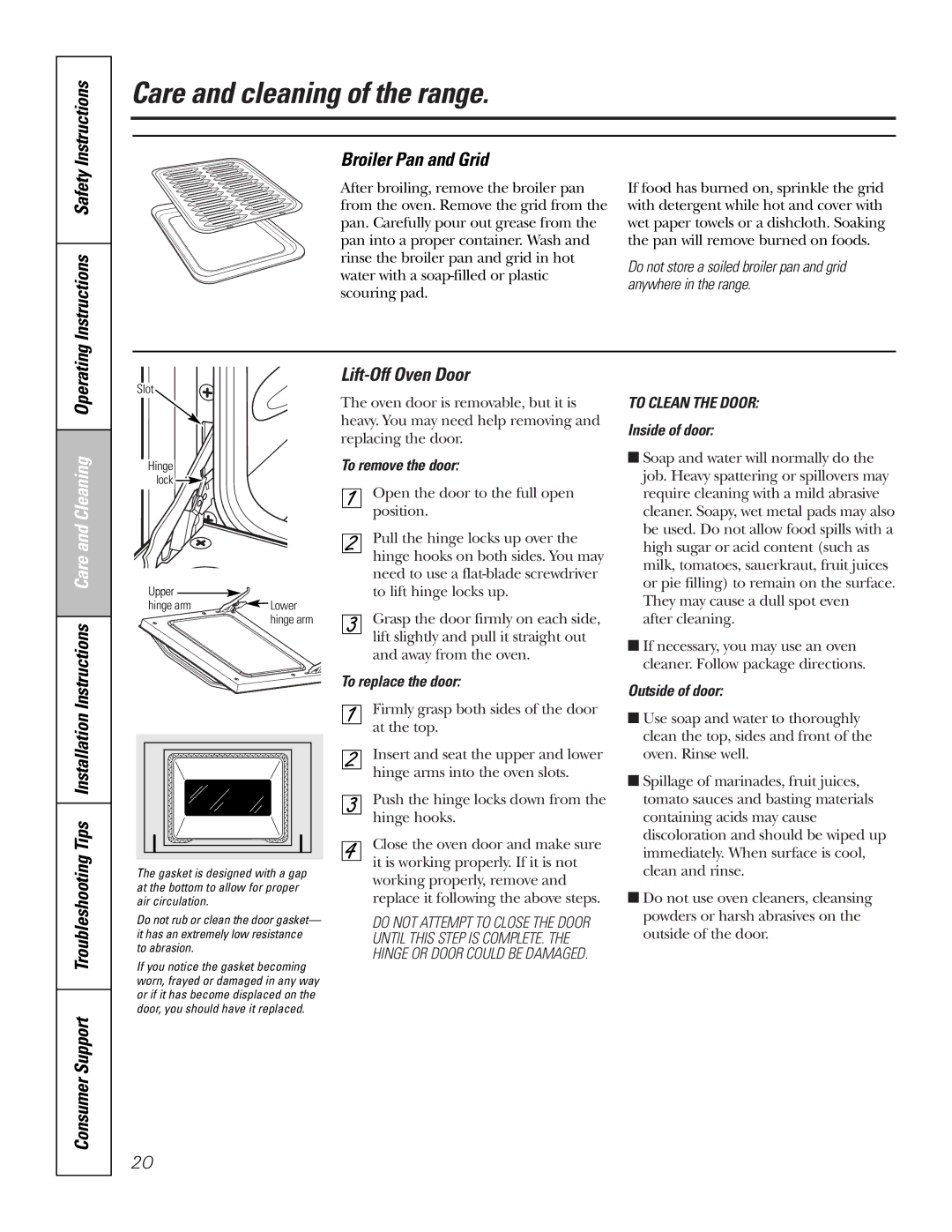 GE RGA724, RGA720 Instructions Safety Broiler Pan and Grid, Lift-Off Oven Door, To remove the door, Inside of door 