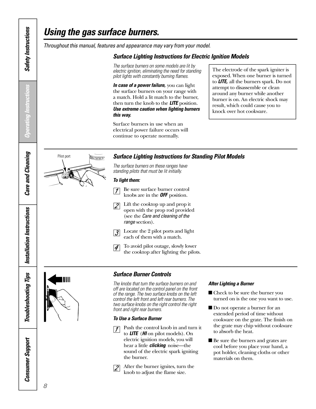 GE RGA724, RGA720 owner manual Using the gas surface burners, Surface Lighting Instructions for Electric Ignition Models 